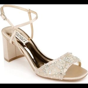 Badgley Mischka Blaine Embellished Block Heels Ivory Satin Womans 7.5